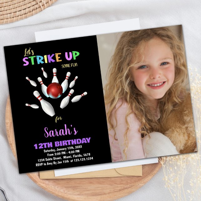 Black Purple Photo Bowling Birthday Invitations (Black Purple Photo Bowling Birthday Invitations)