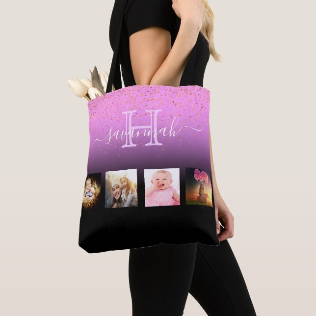 Black Purple photo collage monogram name Tote Bag (Close Up)