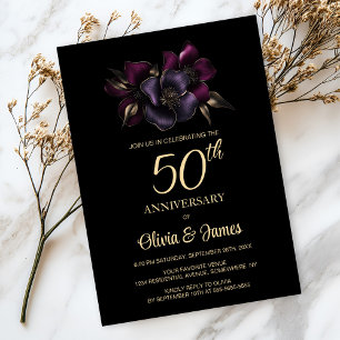 Black Purple Pink Floral 50th Anniversary Invitation