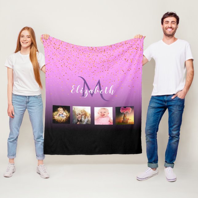 Black purple pink photo name monogram fleece blanket (In Situ)