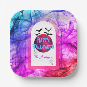 Black Purple Pink Spider Web Bats Happy Halloween Paper Plate