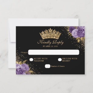 Black Purple Plum Gold Glitter Floral Quinceanera RSVP Card