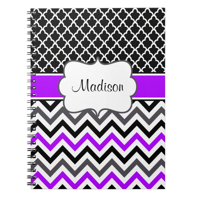 Black Purple Quatrefoil Chevron Personalized Notebook (Front)
