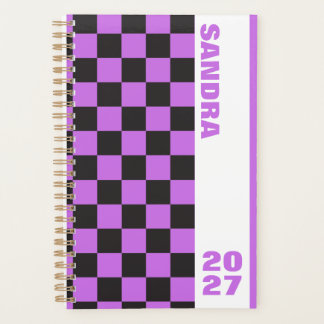 Black Purple Retro Chequerboard Custom Name Year Planner