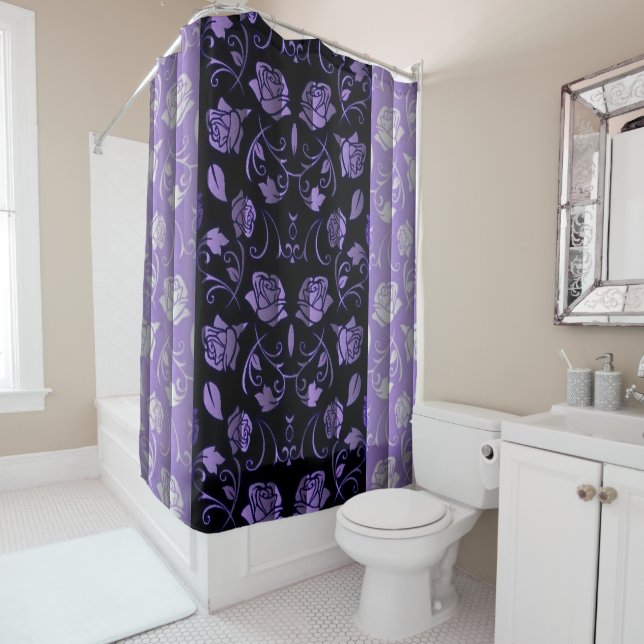 Black & Purple Rose Floral Panels Shower Curtain (In Situ)