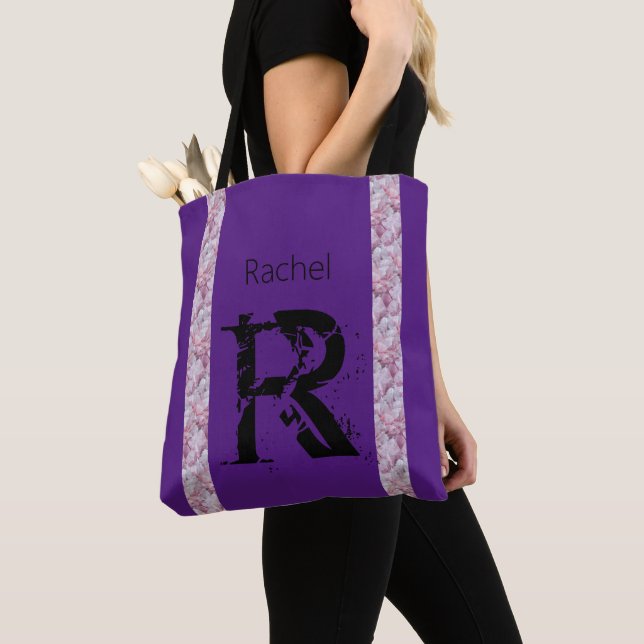Black Purple Rose Quartz Monogram Name Modern Chic Tote Bag (Close Up)