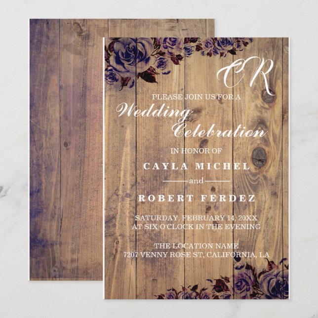 Black Purple Rose Rustic Wedding Invitation (Front/Back)