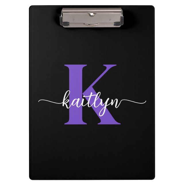 Black Purple Script Monogram Clipboard (Front)