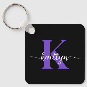 Black Purple Script Monogram Keychain