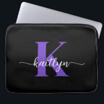 Black Purple Script Monogram Laptop Sleeve<br><div class="desc">This simple,  elegant black 13" laptop sleeve with your first name in a trendy script font in white and your first initial in a modern cap font in purple is perfect for you.  It's stylish and trendy and yet very classic. It's unique - like you!</div>