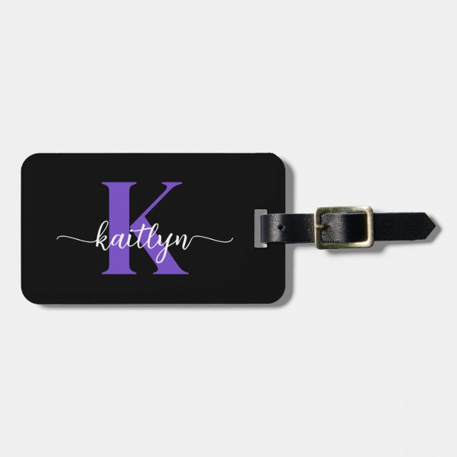Black Purple Script Monogram Luggage Tag (Front Horizontal)