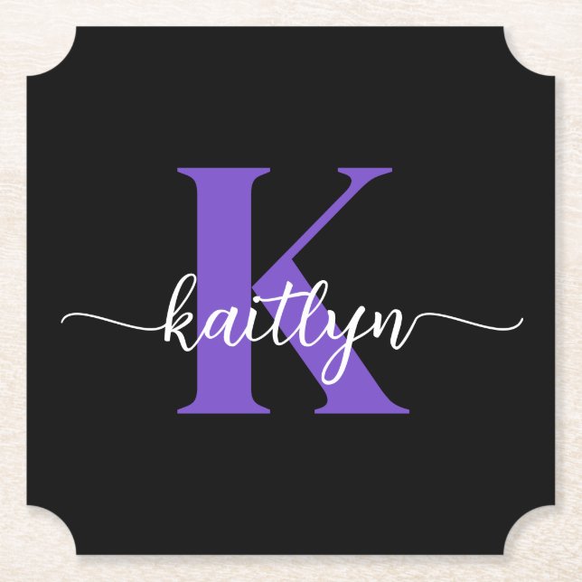 Black Purple Script Monogram Paper Coaster (Front)