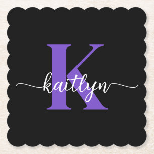Black Purple Script Monogram Paper Coaster