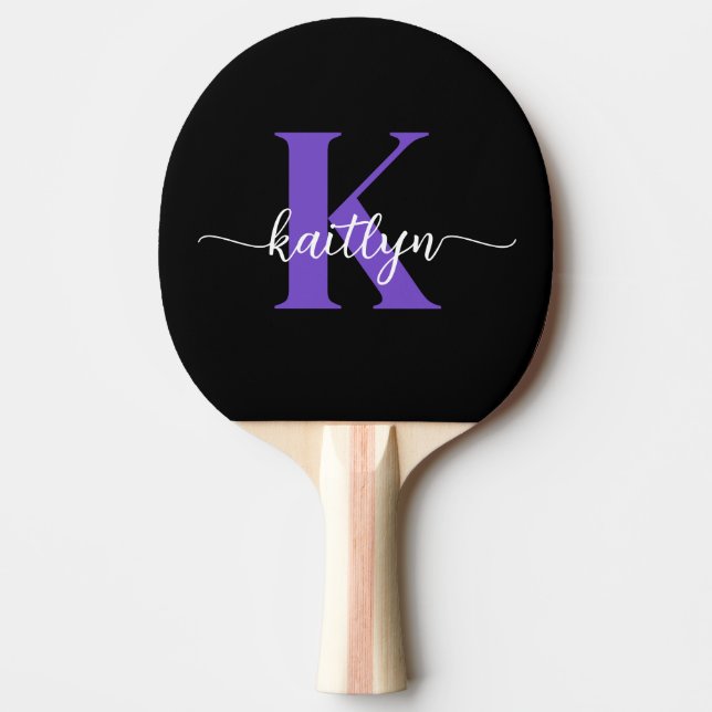 Black Purple Script Monogram Ping Pong Paddle (Front)