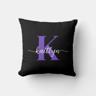 Black Purple Script Monogram Throw Pillow