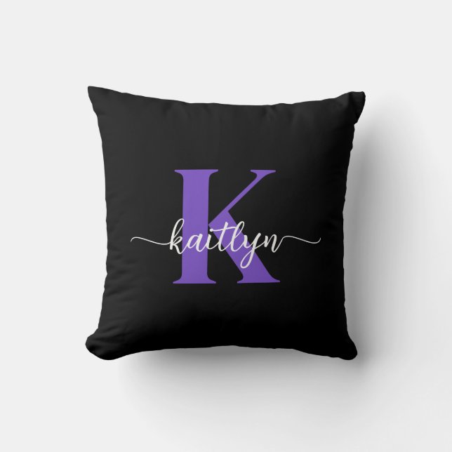Black Purple Script Monogram Throw Pillow (Front)