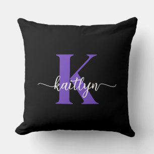 Black Purple Script Monogram Throw Pillow