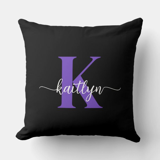 Black Purple Script Monogram Throw Pillow (Front)