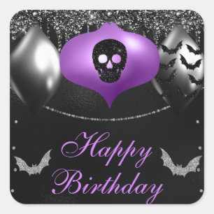 Black & Purple Spooky Ornaments Happy Birthday Square Sticker