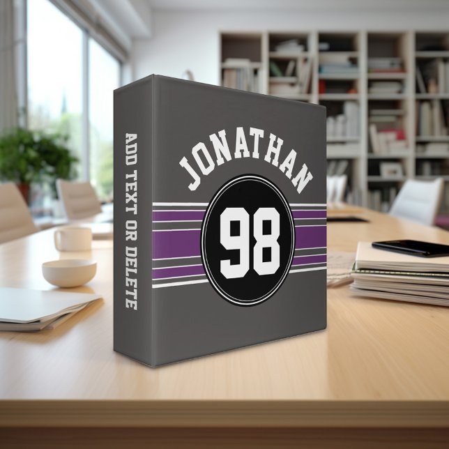 Black Purple Sports Jersey Stripes Name Number Binder (Personalized 3-ring binder with a sports theme - football jersey with name and custom text)
