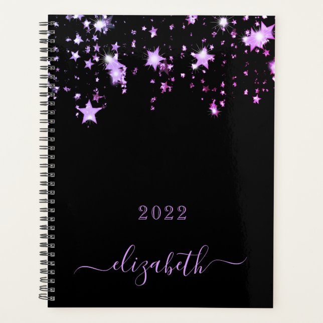 Black purple stars monogram name script planner (Front)