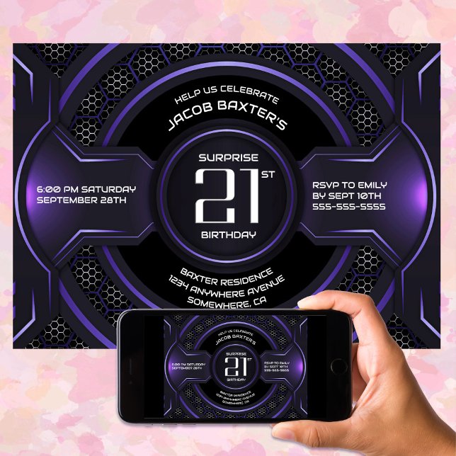 Black Purple Surprise 21st Birthday Party Invitation (Creator Uploaded)