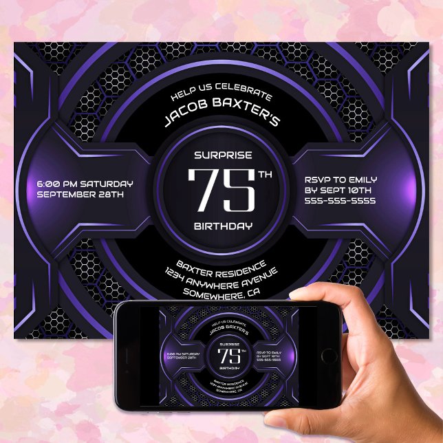 Black Purple Surprise 75th Birthday Party Invitation (Creator Uploaded)