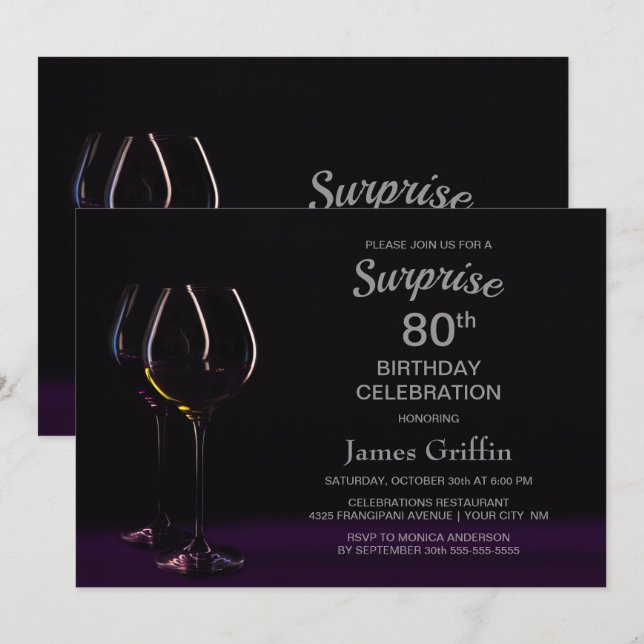 Black Purple Surprise 80th Birthday Wine Glass Invitation (Front/Back)