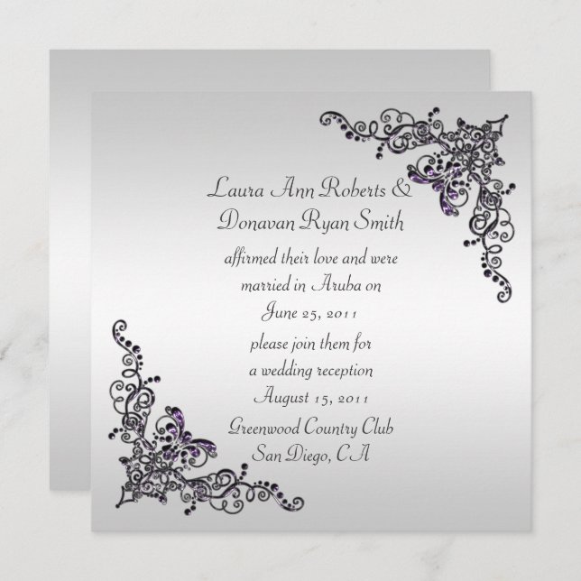 Black Purple Swirls on Silver Background Post Wedd Invitation (Front/Back)