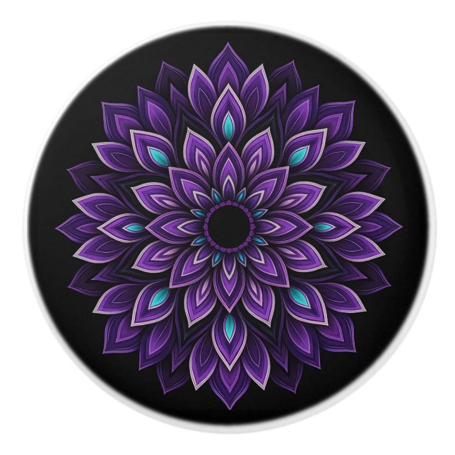 Black, Purple, Teal & Blush Mandala Ceramic Knob (Front)