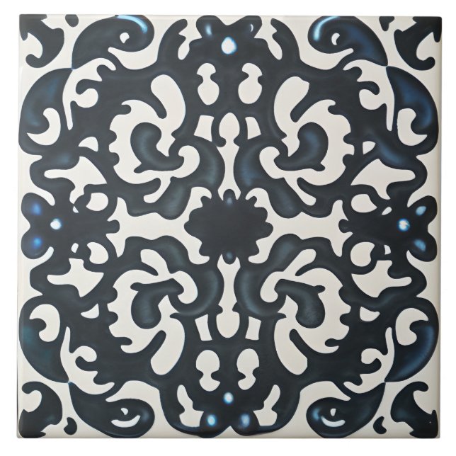 Black Purple & Teal on White Tuscan Style Tile (Front)