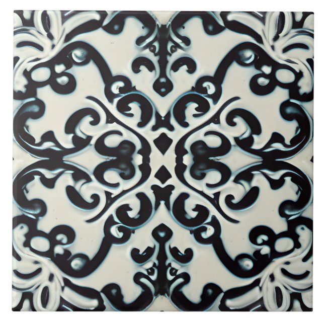 Black Purple & Teal on White Tuscan Style Tile (Front)