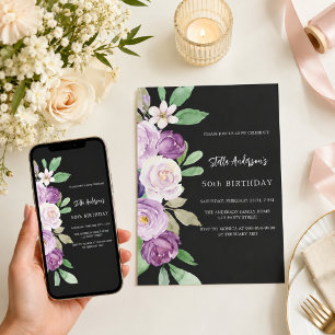 Black purple violet florals birthday invitation