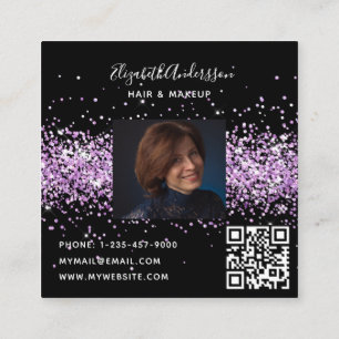 Black purple violet glitter profile photo qr code square business card