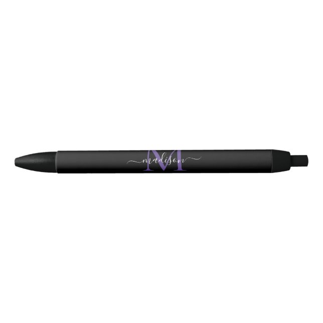Black Purple Violet Monogram Elegant Script Name Black Ink Pen (Front)