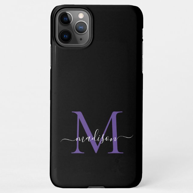 Black Purple Violet Monogram Feminine Script Name iPhone Case (Back)