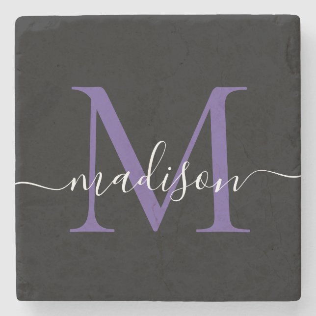 Black Purple Violet Monogram Feminine Script Name Stone Coaster (Front)