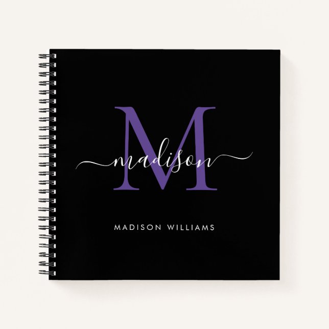 Black Purple Violet Monogram Initial Script Name Notebook (Front)
