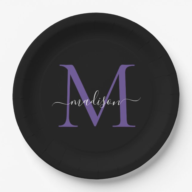 Black Purple Violet Monogram Modern Elegant Script Paper Plate (Front)