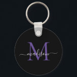 Black Purple Violet Monogram Name Elegant Script Keychain<br><div class="desc">Simple Black Purple Violet Monogram Elegant Modern Script Keychain</div>