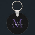 Black Purple Violet Monogram Name Elegant Script Keychain<br><div class="desc">Simple Black Purple Violet Monogram Elegant Modern Script Keychain</div>
