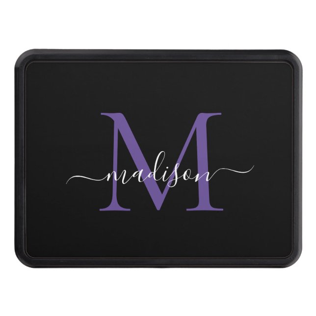 Black Purple Violet Monogram Script Name Initial Trailer Hitch Cover (Front)