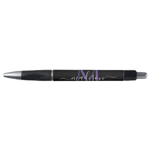 Black Purple Violet Monogram Script Name Stylish Pen