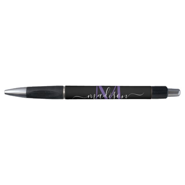 Black Purple Violet Monogram Script Name Stylish Pen (Front)