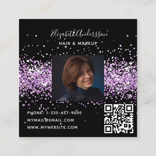 Black purple violet profile photo qr code square business card (Back)