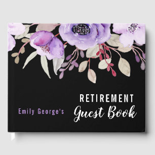 Black Purple Watercolor Floral  Retirement Party   Guest Book