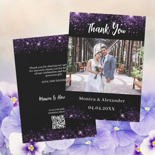 Black purple wedding photo QR thank you card (Creator Uploaded)