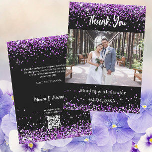 Black purple wedding photo QR thank you card