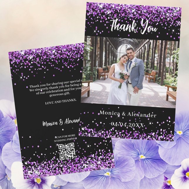 Black purple wedding photo QR thank you card (Creator Uploaded)