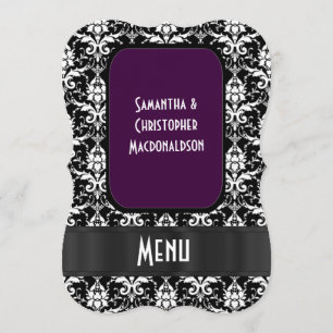 Black, purple white damask formal wedding menu